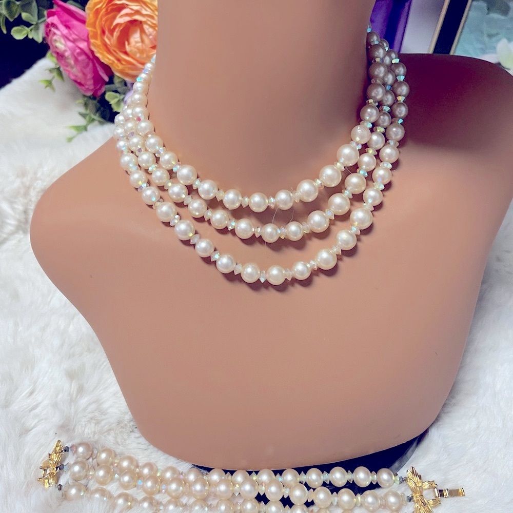 Vintage Multi-Strand White Pearl Necklace With Matching Bracelet